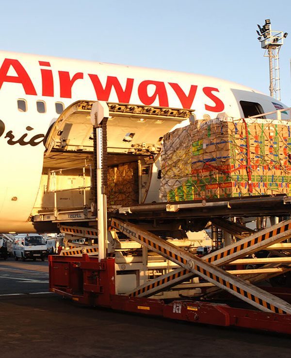 A container loader lifting cargo into an aircraft at night
