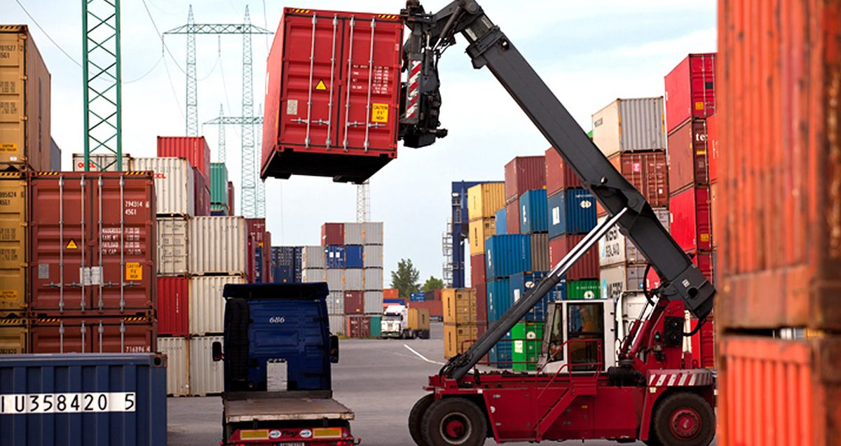 Stacked containers at a container freight station
