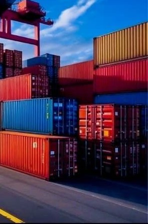 Stacked shipping containers in a yard at dusk