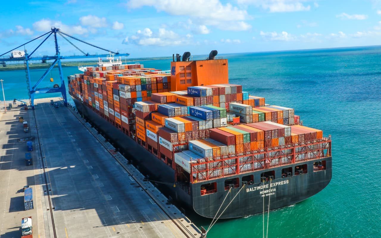 Aerial view of a container ship being loaded at the port of Mombasa