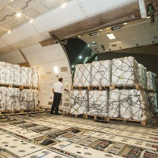 Palletised cargo loaded into an aircraft hold