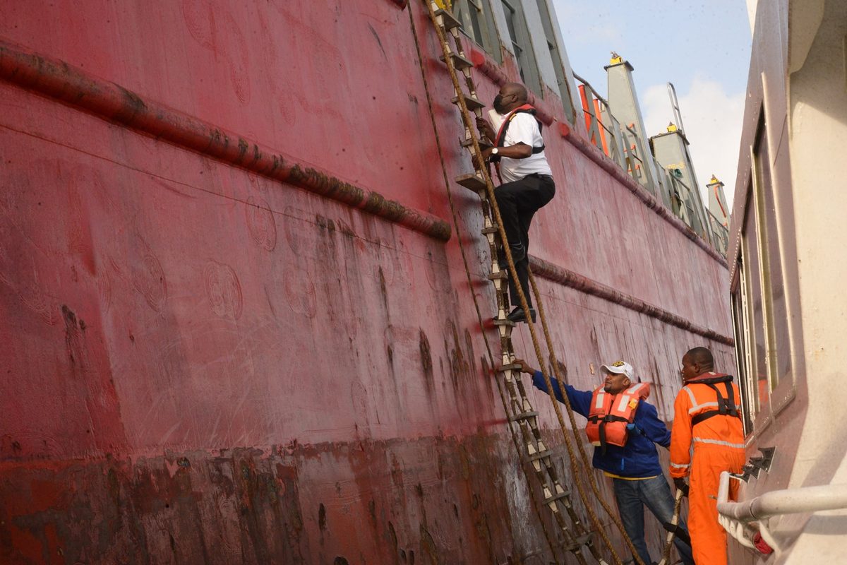 A harbour pilot boarding a vessel off Mombasa
