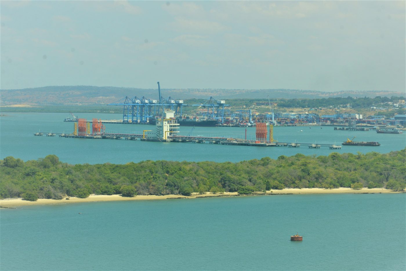 Cargo vessels at anchorage off the coast